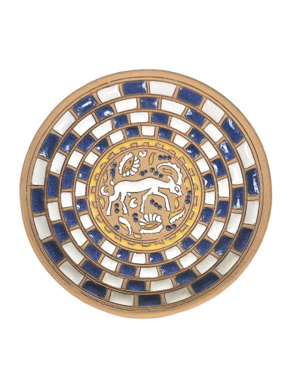 Vintage Bonis Rhodes Greece 4.5" Deer Trinket Dish Plate Coaster Blue Mosaic